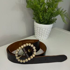 Like New Martine Wester Brown Leather Belt with Round Rhinestone Buckle Size Med